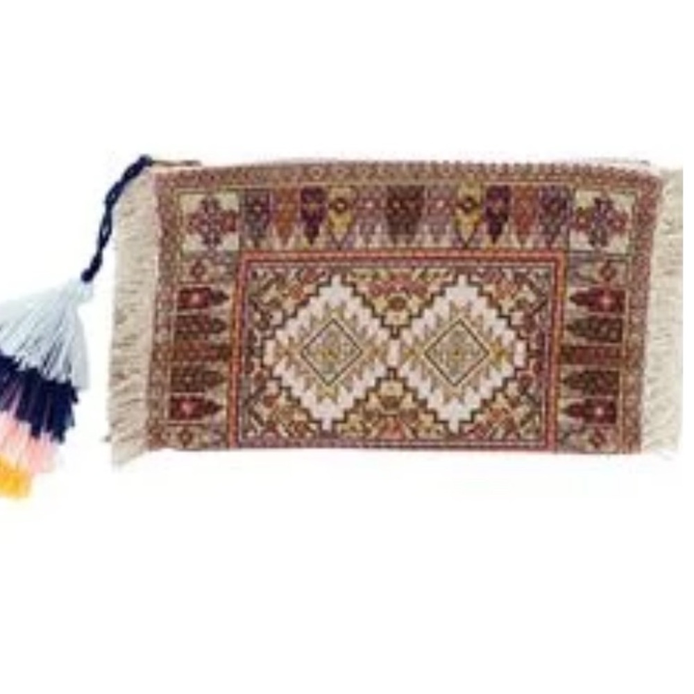 Green Tan Tapestry Pouch yarn tassel zipper pull and fringe detail Made …